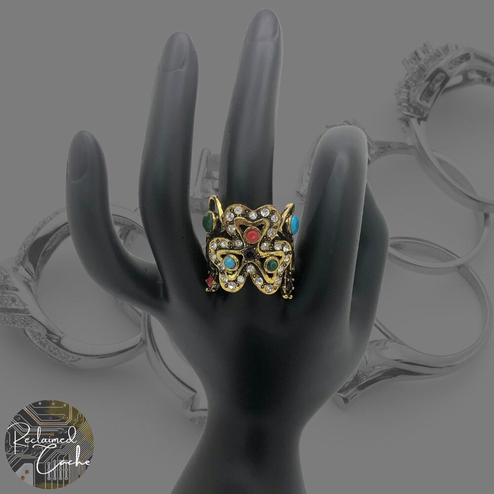 Gold and Multicolor Rhinestone Statement Ring - Size 9 - Picture 1 of 7
